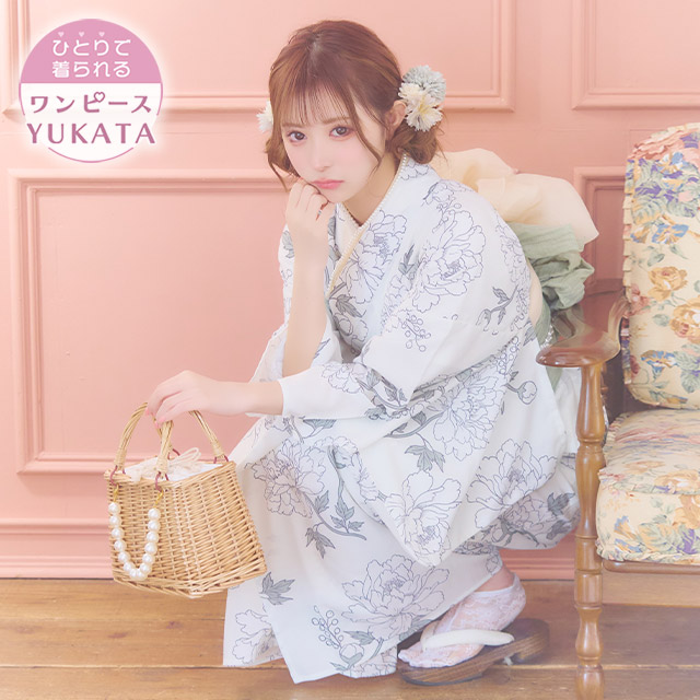 Tika ワンピース浴衣3点セット　線画フラワー ピンク Tika 浴衣 レディース セット スウィートクリーム×繊細フラワー
