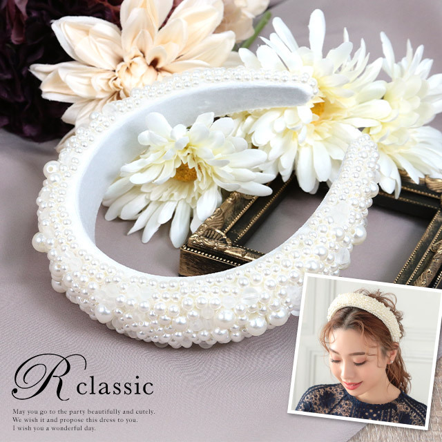 美品  アッカ ラグジュアリー パールビジュ ヘアアクセサリー カチューシャ アクセサリー：ヘアアクセ】パールモチーフ付きくしゅくしゅ