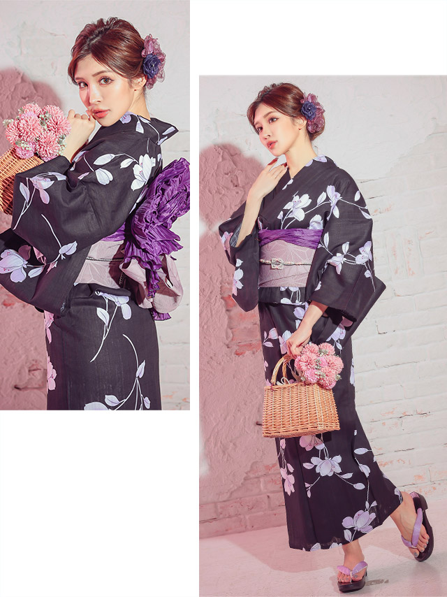 TIKA 浴衣・帯セット 黒×ピンク Tika ゆかた 激安 レディース 3点セット レトロ 女性 花柄 浴衣3