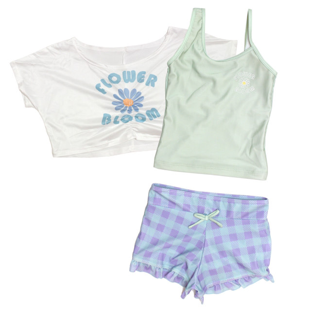 水着 女の子 子供 キッズ ジュニア セパレート水着 タンキニ水着 Tシャツ付き キュロット 3点セット 130cm 140cm 150cm 160cm |  | 02