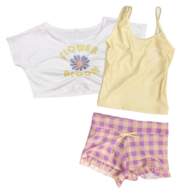 水着 女の子 子供 キッズ ジュニア セパレート水着 タンキニ水着 Tシャツ付き キュロット 3点セット 130cm 140cm 150cm 160cm |  | 01