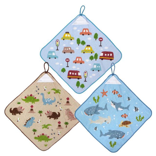 タオルハンカチ 3枚組 ループ付きタオル 綿100% 30×30cm くるま 恐竜 さかな 手洗い お手拭き 入学準備 入園 給食 小学校 幼稚園 保育園 |  | 01