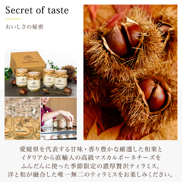 期間限定 愛媛産和栗のティラミス 4個セット 高級マスカルポーネチーズ 栗 ティラミス 日本一なめらか ティラミッシモ 愛媛産濃厚和栗 ギフト プレゼント |  | 02