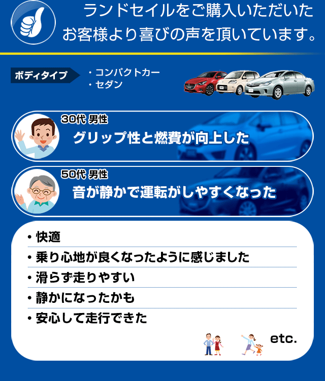 お客様に喜びの声を頂いています。グリップ性と燃費が向上した。音が静かで運転がしやすくなった。