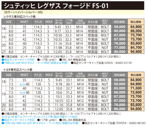 21インチ アルミホイール 5穴114.3 | ホットスタッフ レグザスフォージド FS01 8J +41 4本セットの画像