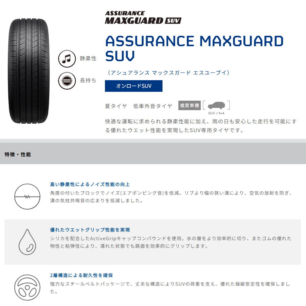 XV GT系 フォレスター SJ系 etc  グッドイヤー 225/60R17 99V ASSURANCE MAXGUARD SUV 夏用 サマータイヤ AME GALERNA FINURAの画像
