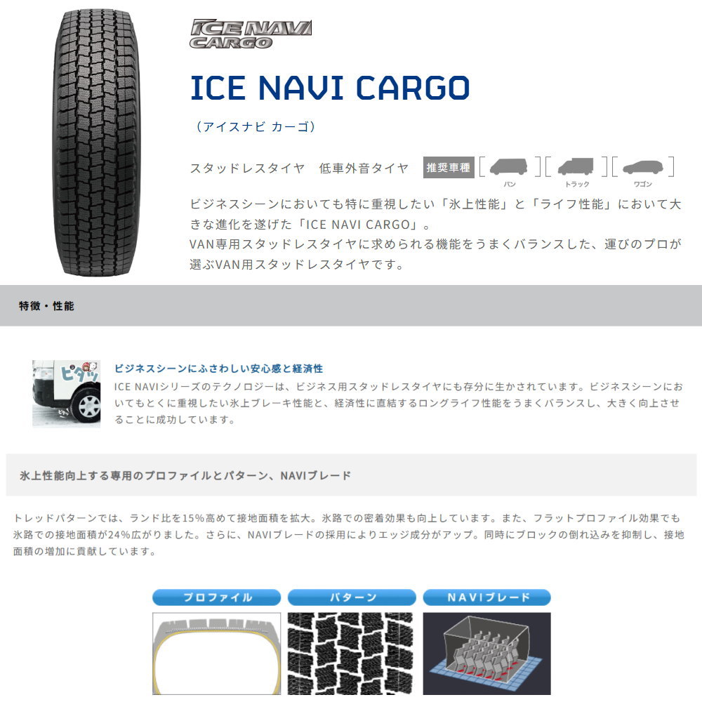 新品 4本 グッドイヤー アイスナビ カーゴ 155/80R14 88/86N LT 14インチ 冬用 スタッドレスタイヤ GOODYEARの画像