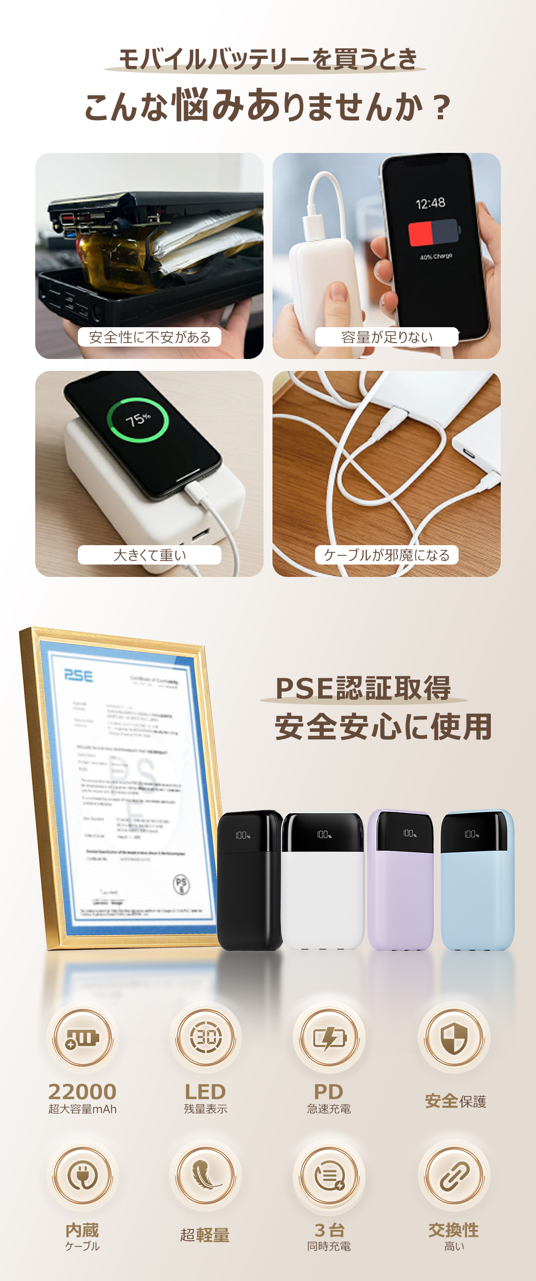 モバイルバッテリー 軽量 小型 22000mAh 大容量 2.4A急速充電 ケーブル内蔵 タイプC 3台同時充電 災害対策 Smoatc iphone17シリーズ対応 残量表示 PSE認証済 関連画像1