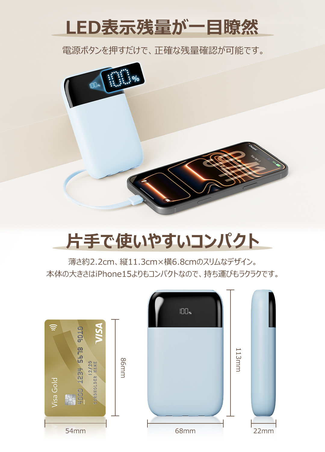 モバイルバッテリー 軽量 小型 22000mAh 大容量 2.4A急速充電 ケーブル内蔵 タイプC 3台同時充電 災害対策 Smoatc iphone17シリーズ対応 残量表示 PSE認証済 関連画像5