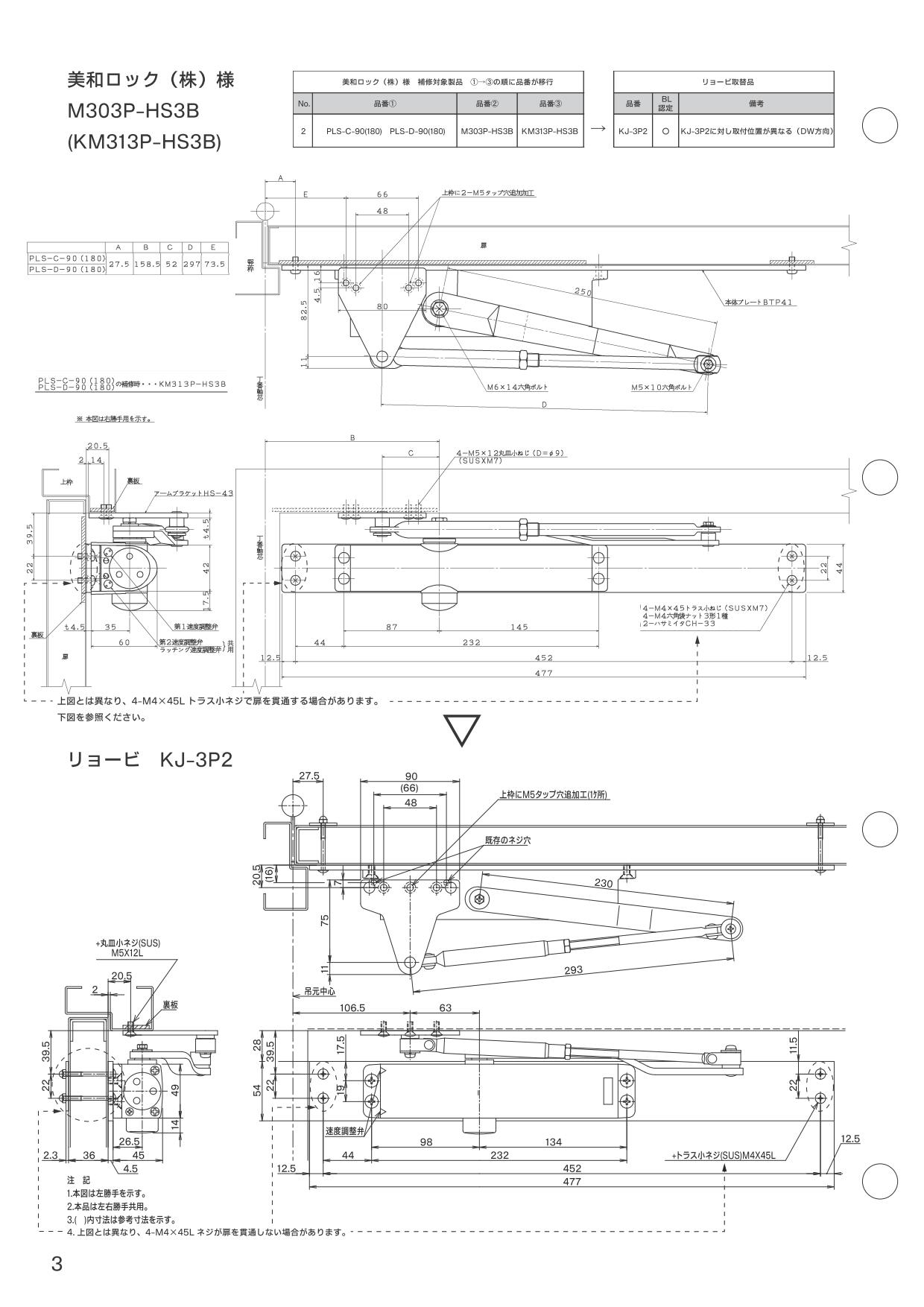 リョービ KJ-3P2 取替用ドアクローザー MIWA KM313P-HS2交換用
