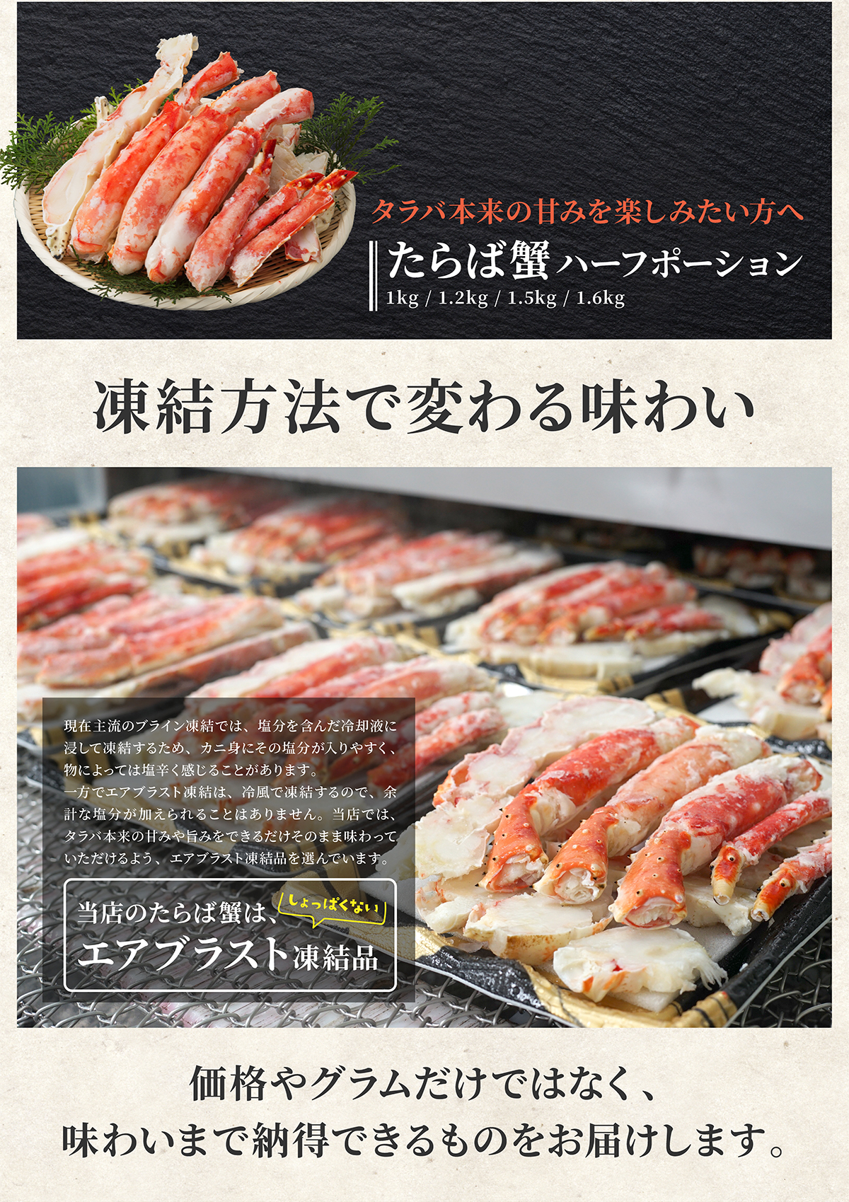 タラバガニ カット 総重量1.2kg ボイル 生 特大サイズ 極太 ハーフ