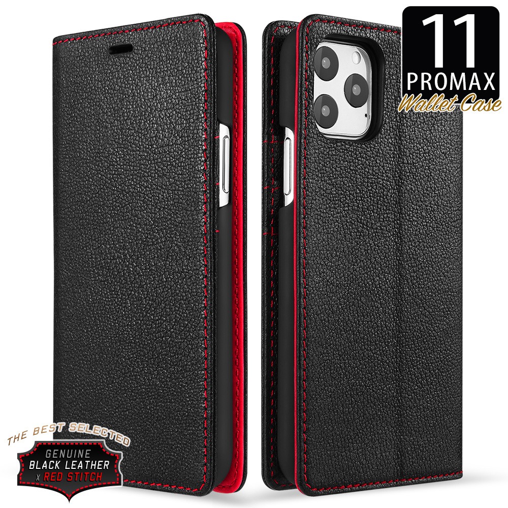 iPhone11 Pro Max ケース 手帳型 高級 本革 レザー カバー シュリンクレザー アイフォン 11 プロ マックス マグネットなし 黒  ブラック 黒赤