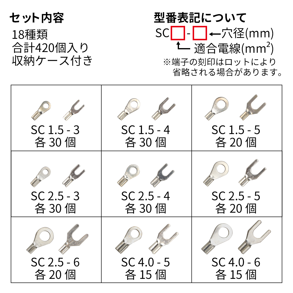 バイク 裸圧着端子 丸形端子 クワガタ端子 R形 Y形 18種類 420個