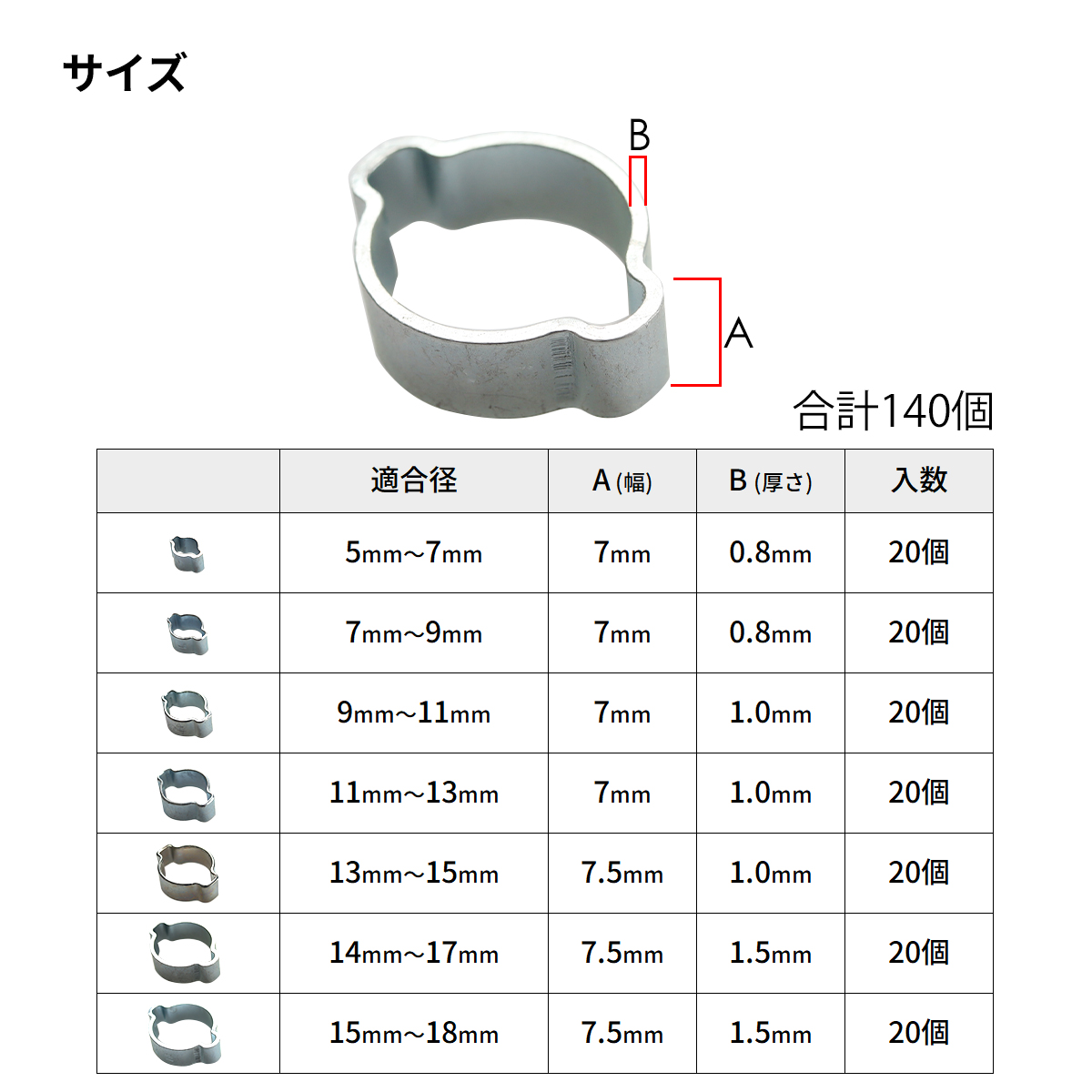 ツーイヤー ホースバンド スチール製 7種類 合計140個セット ホース