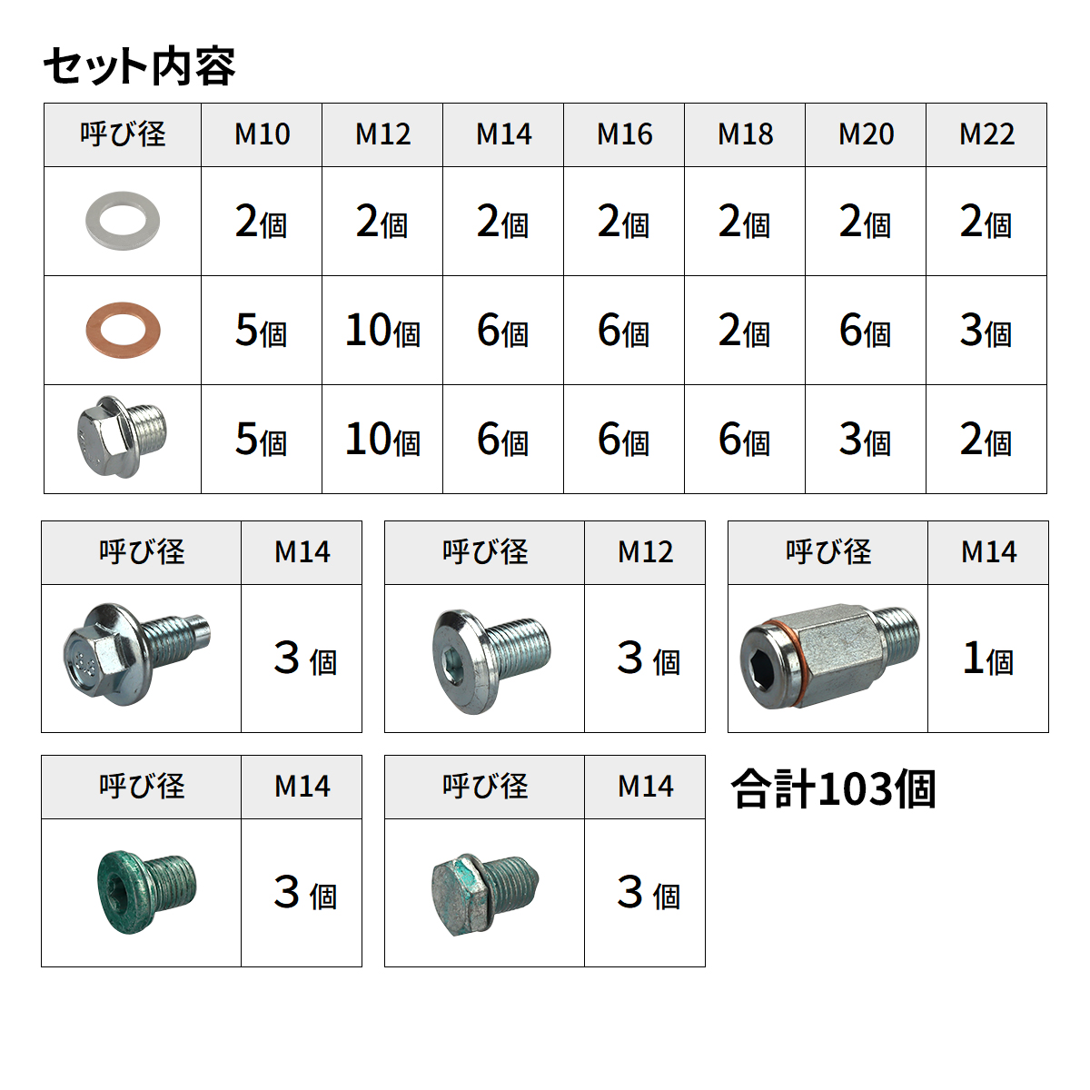 ドレンボルト ドレンワッシャー アルミ製 銅製 26種セット 合計103個 IZ533