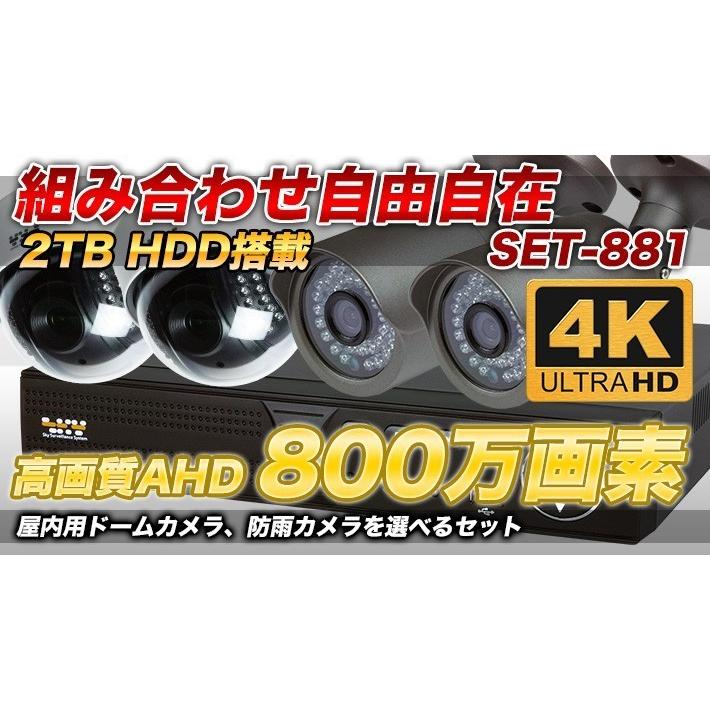 AI搭載 防犯カメラ 4K 800万画素 集音 マイク搭載 屋外用防水バレット型 屋内ドーム型 選べる2台 レコーダーセット 監視カメラ 2000GB HDD SET-880S-2の画像
