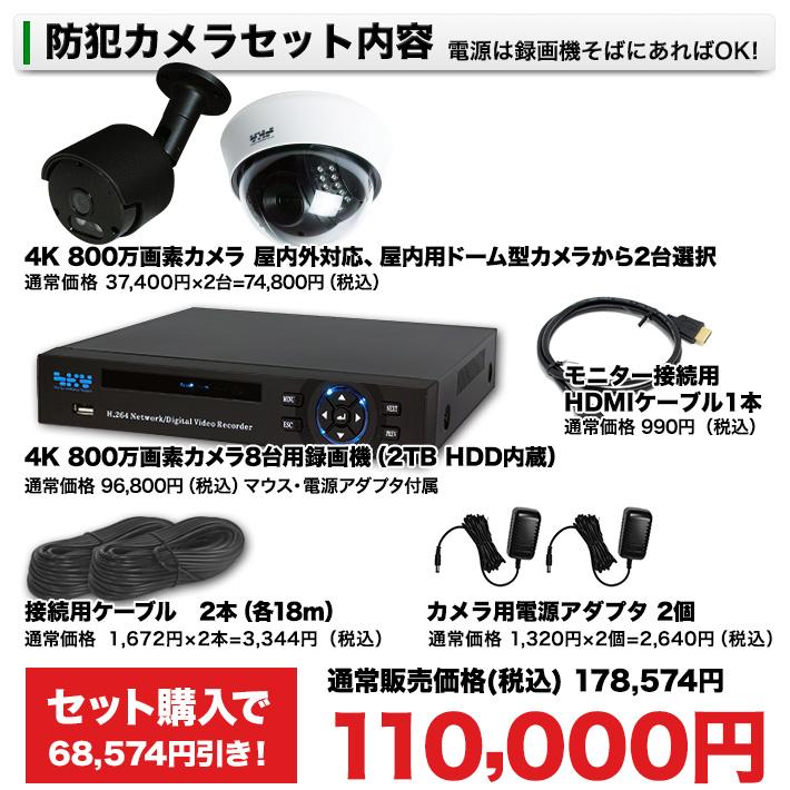 AI搭載 防犯カメラ 4K 800万画素 集音 マイク搭載 屋外用防水バレット型 屋内ドーム型 選べる2台 レコーダーセット 監視カメラ 2000GB HDD SET-880S-2の画像