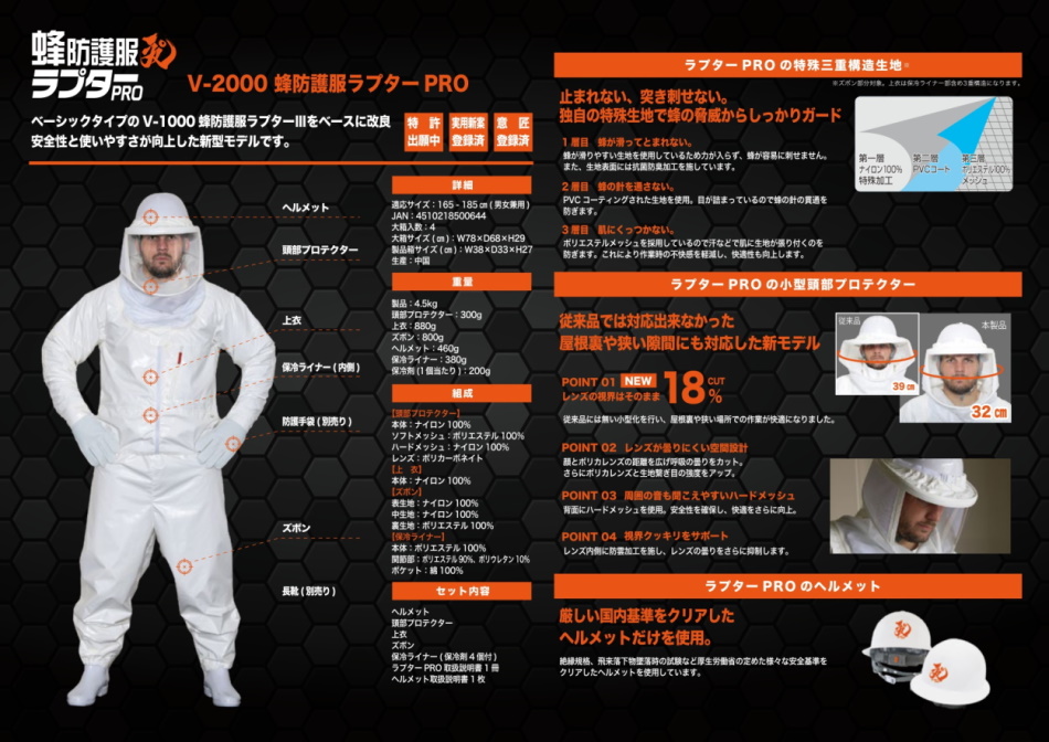 新型モデル 蜂防護服ラプターPRO V-2000 スズメバチの駆除などに