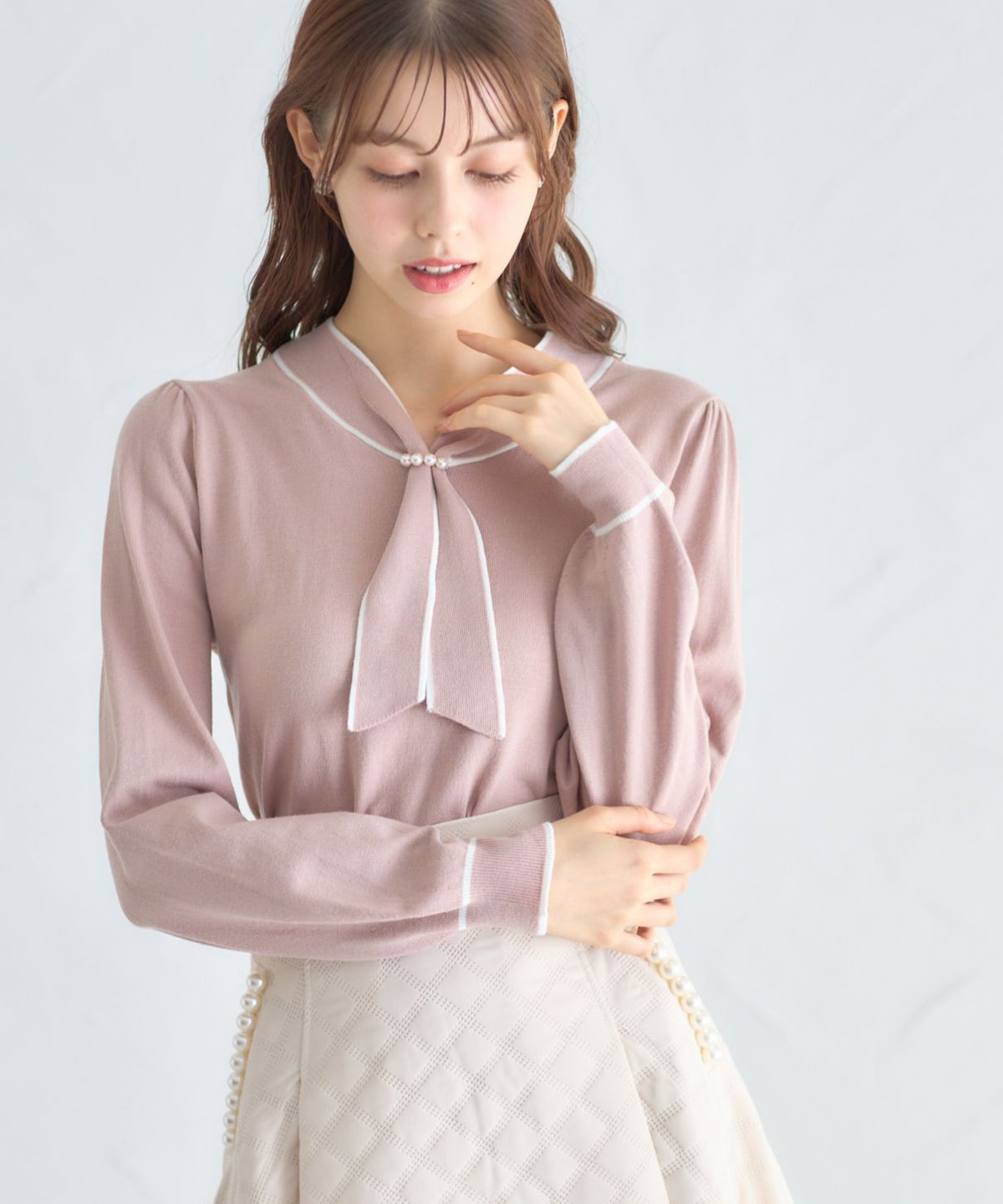 tocco closet（トッコ クローゼット） パール付き配色ボウタイニット