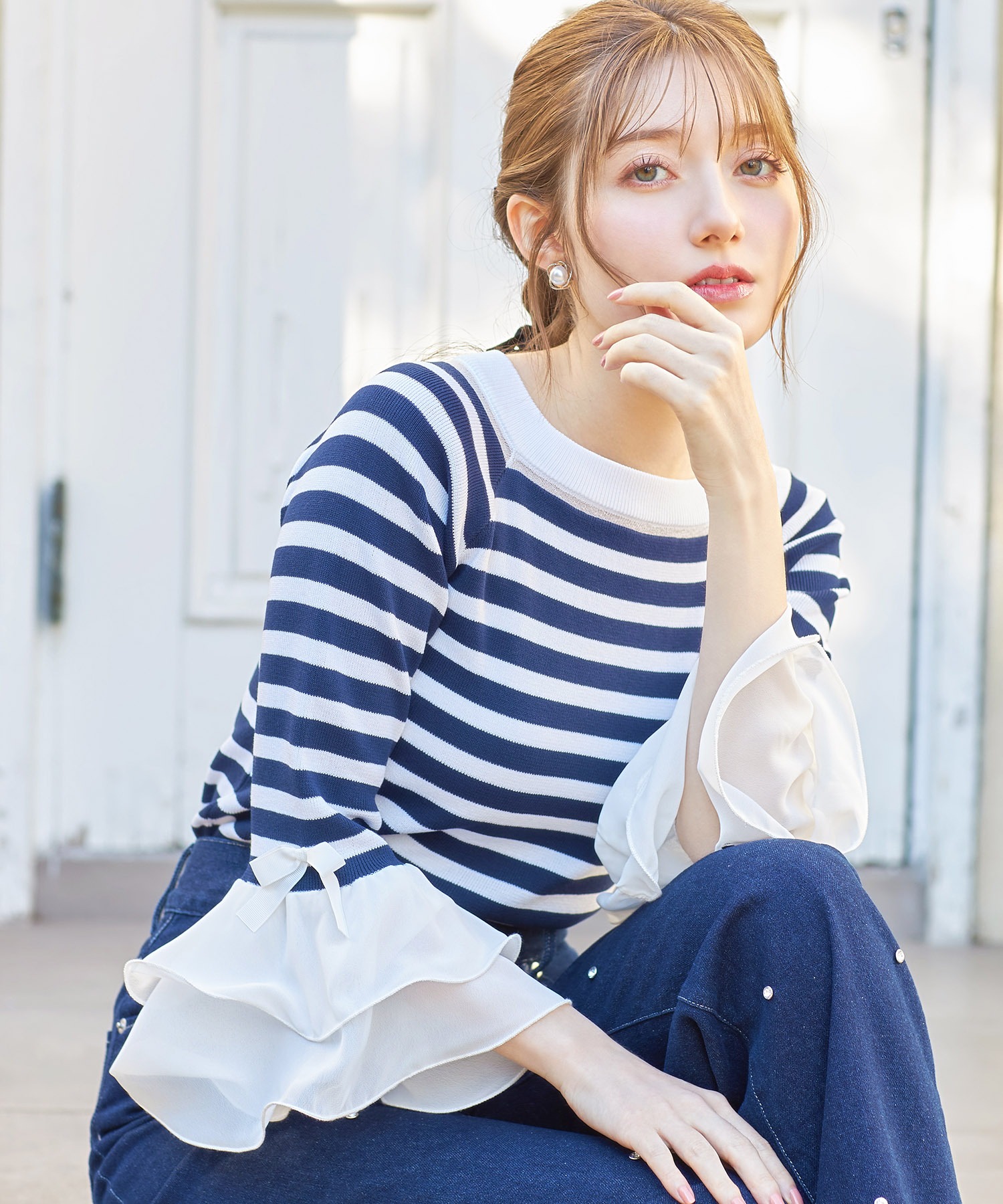 りぼん付き袖口フリル切り替えボーダーニットプルオーバー《in the spring breeze 2024》｜tocco-closet｜02