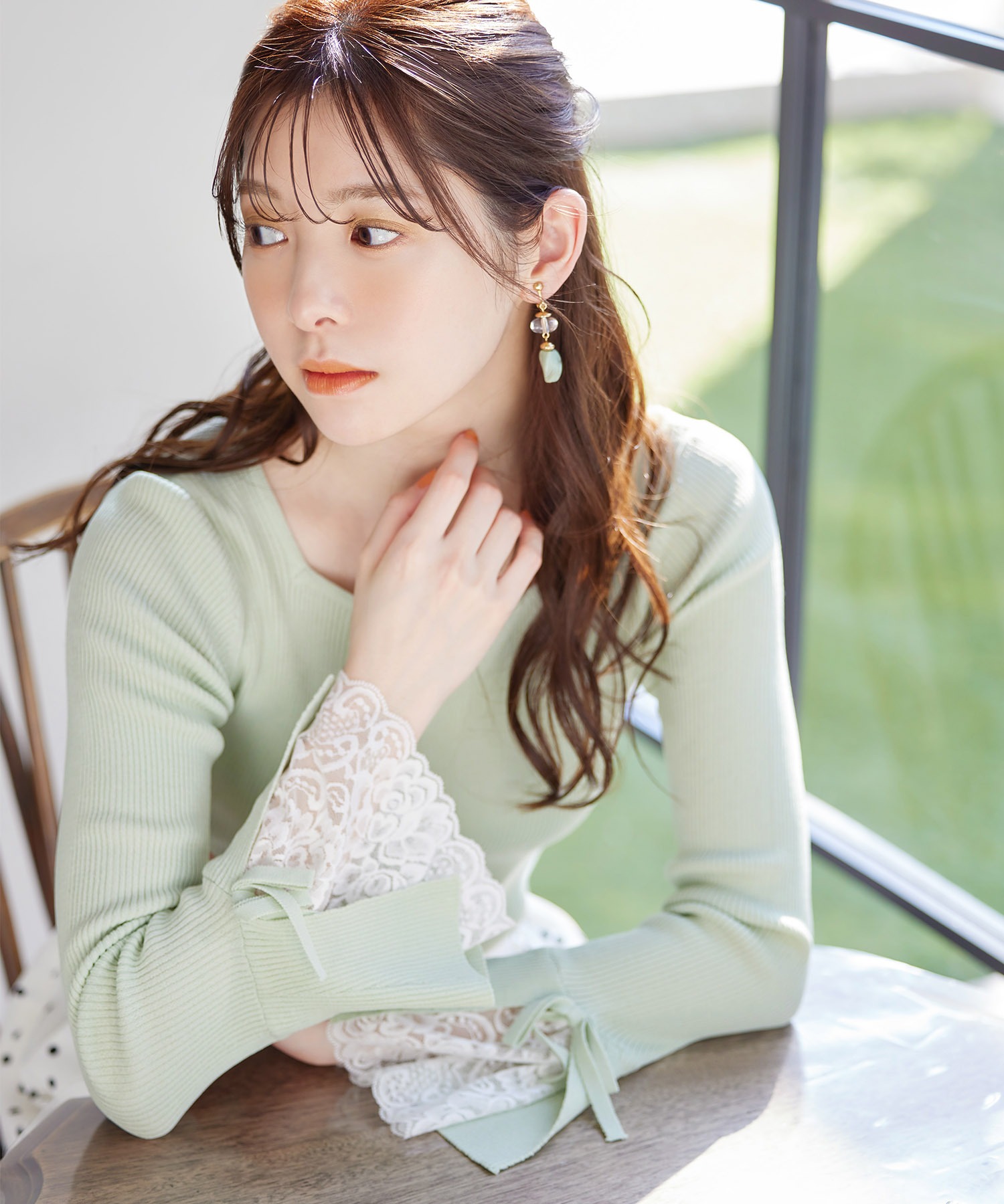 おおくぼ tocco closet りぼん付き袖口レース切り替えリブニットプル