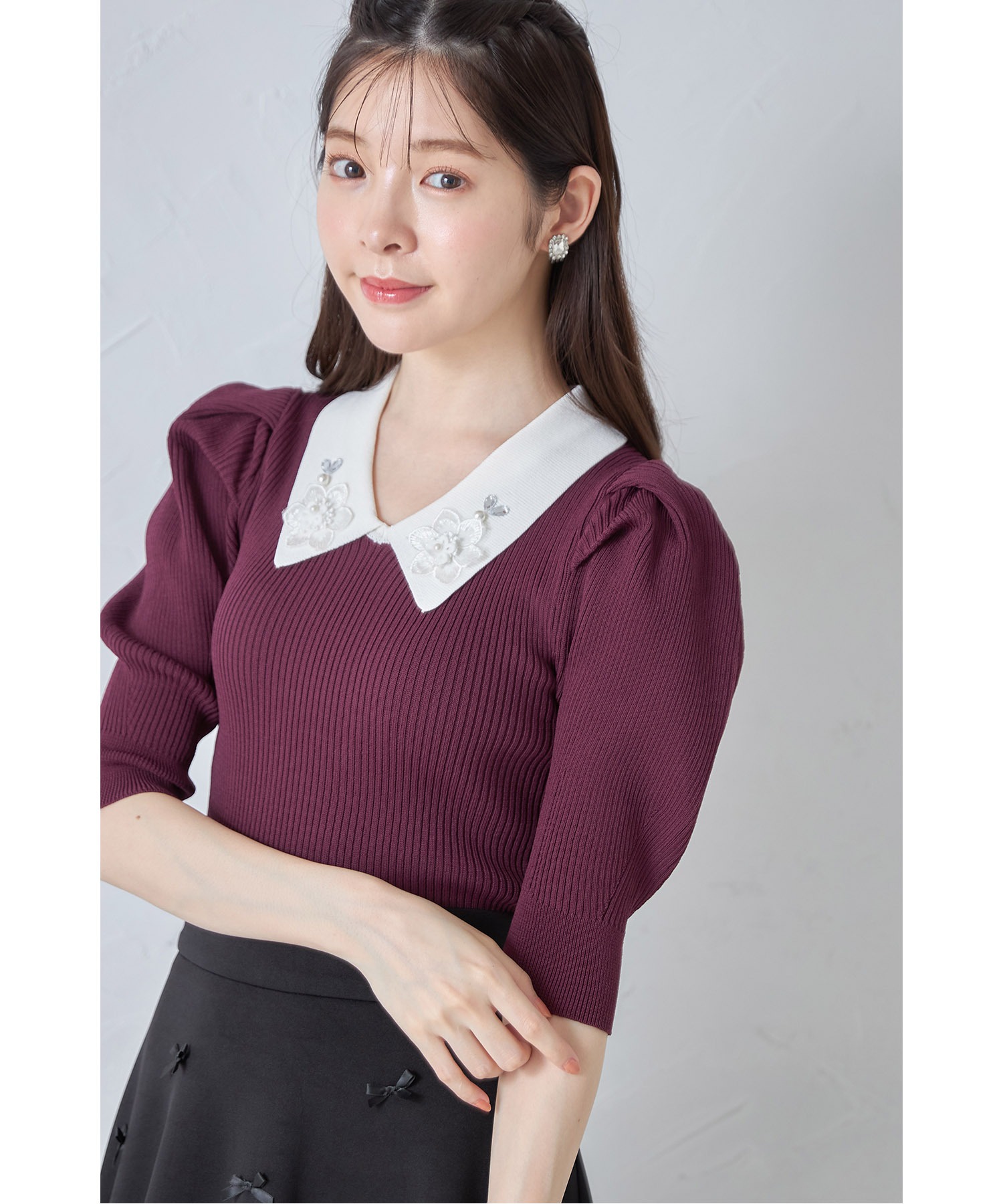 yu.ページ tocco closet 立体フラワーモチーフ襟付きリブニットプル