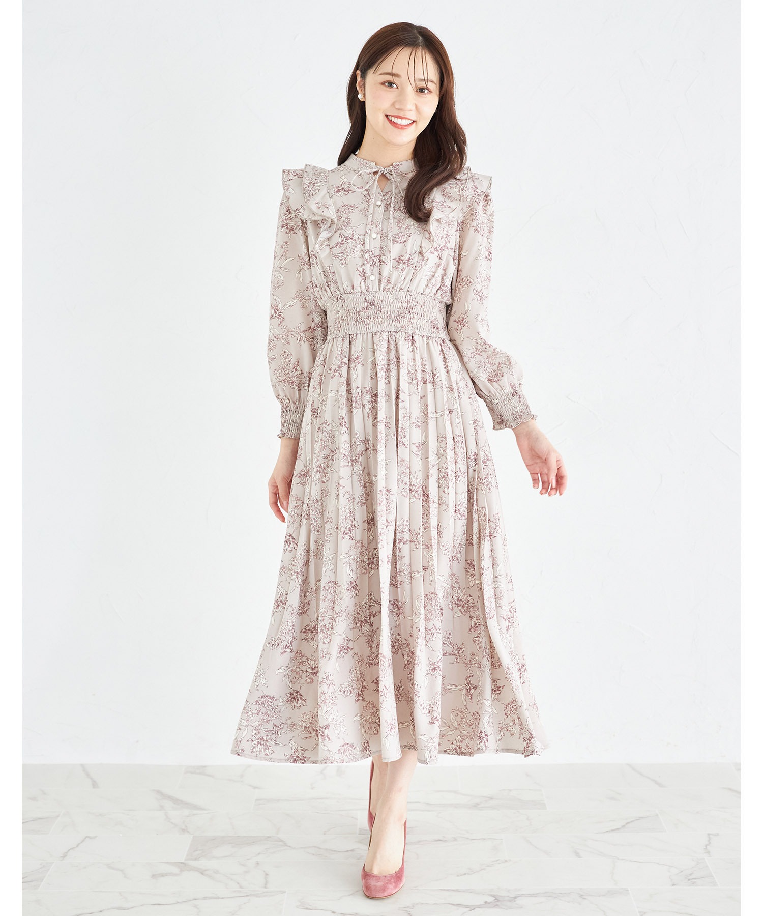 tocco closet リボン＆ラッフルフリル付きパール釦ウエスト