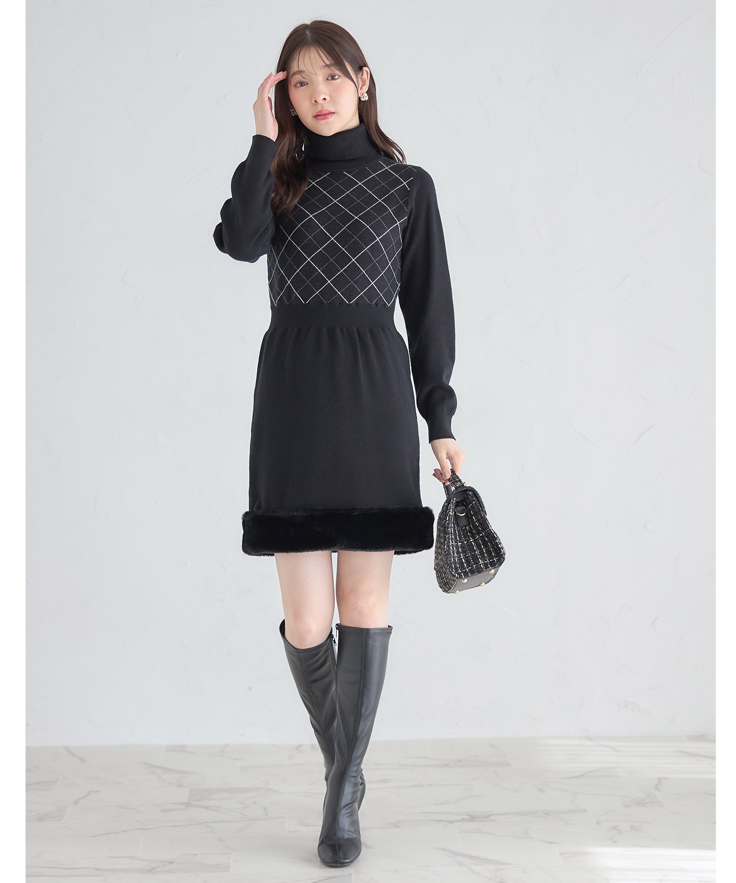 tocco closet 裾ファー付きタートルネックジャガードニットワンピース 