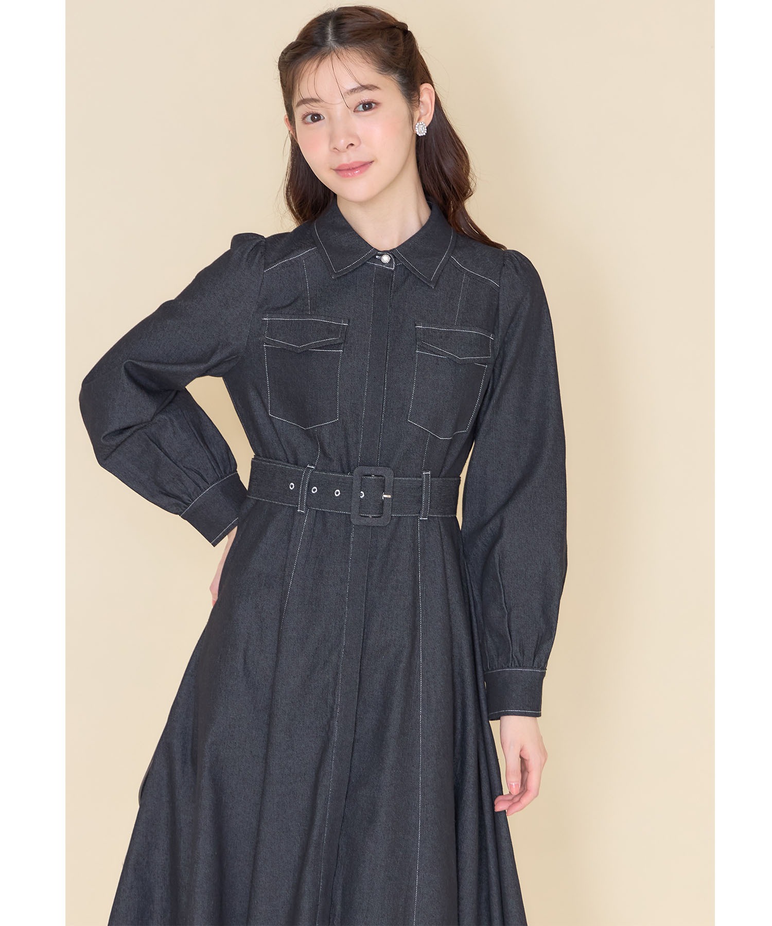 tocco closet ベルト付きビジュー釦ステッチ入りデニムシャツ