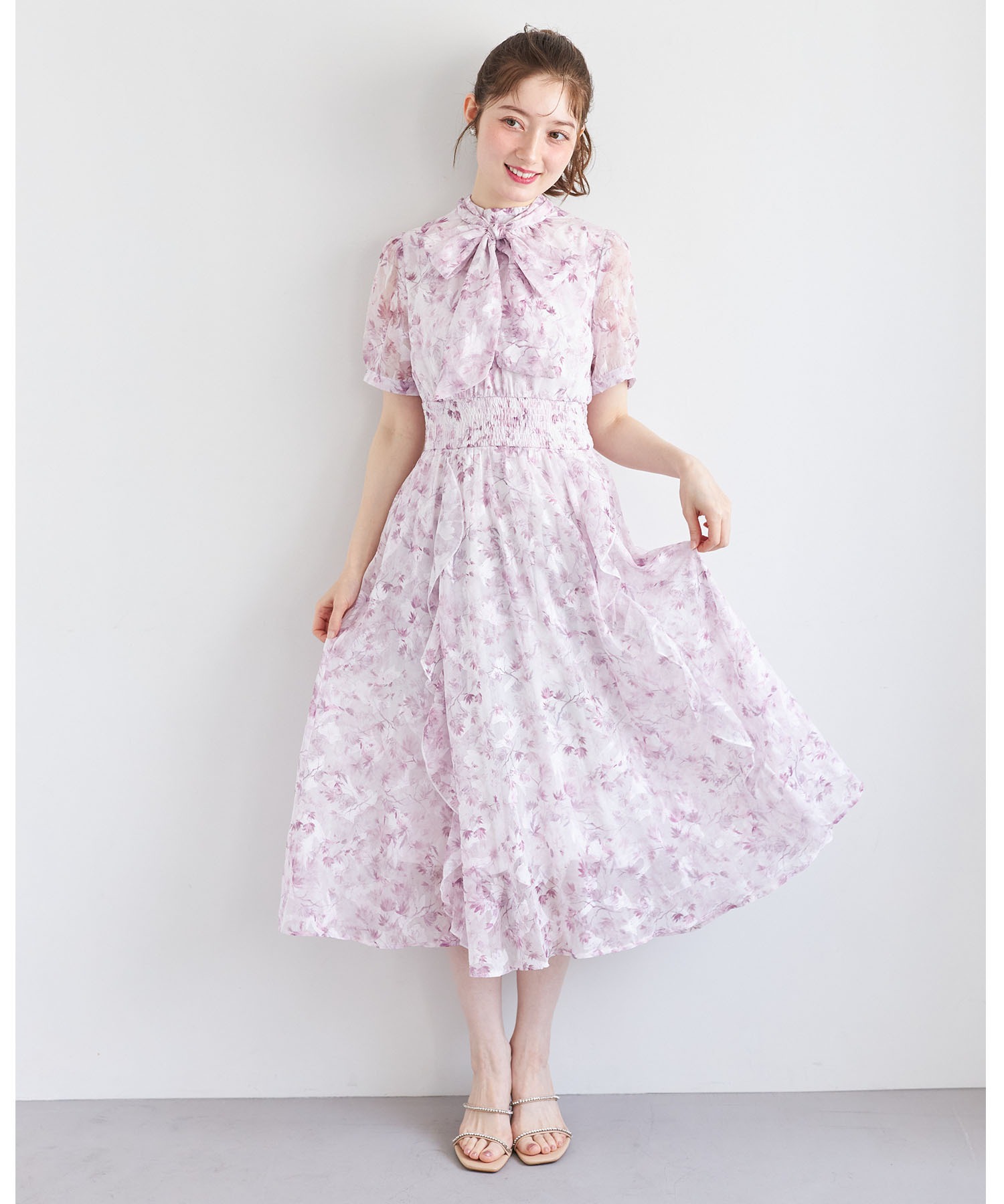 tocco closet ２ＷＡＹボウタイリボン付きワンピース ピンク 2WAYボウタイリボン付きウエストシャーリングシフォン