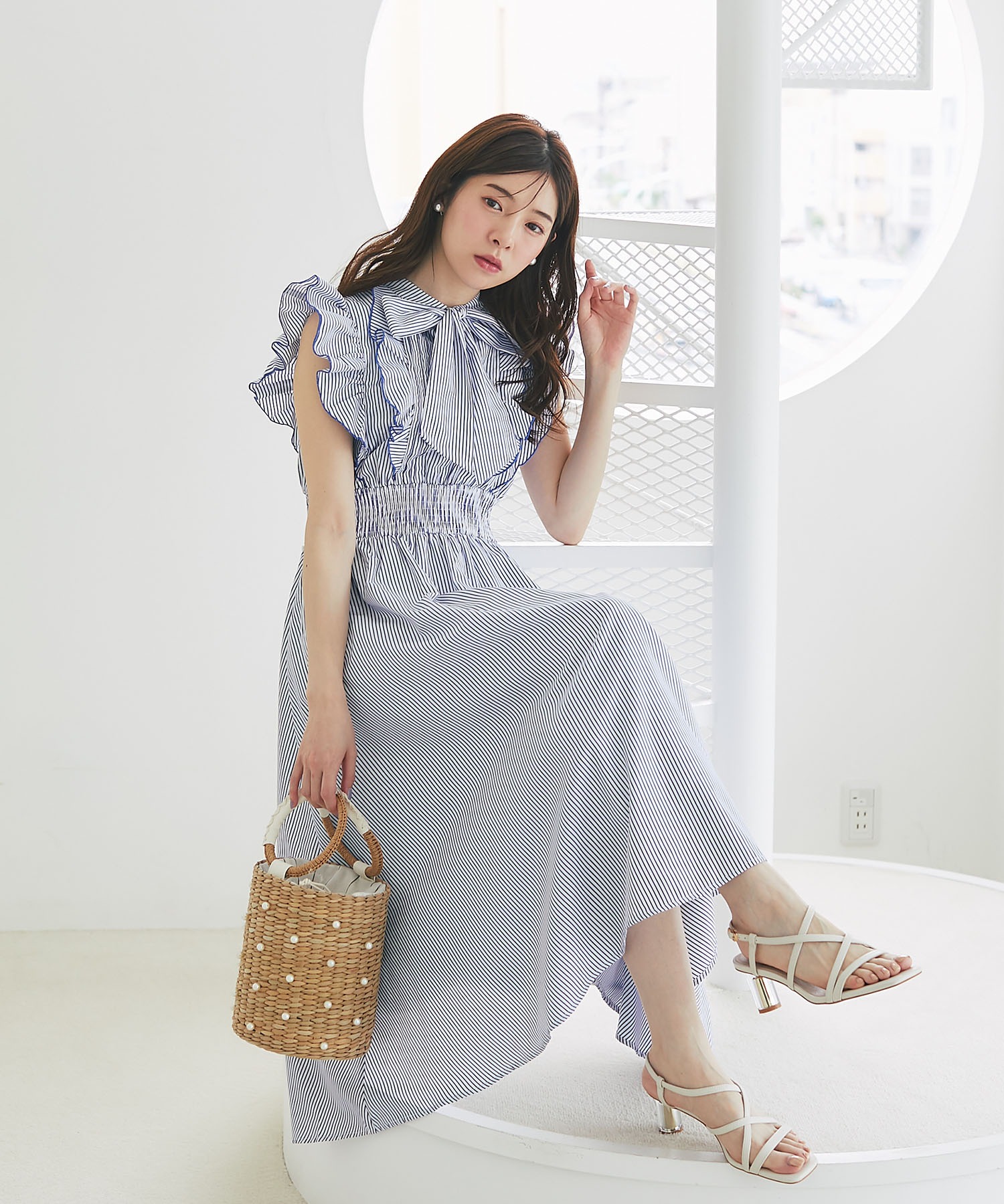 tocco closet フリル付きボウタイリボンストライプワンピース