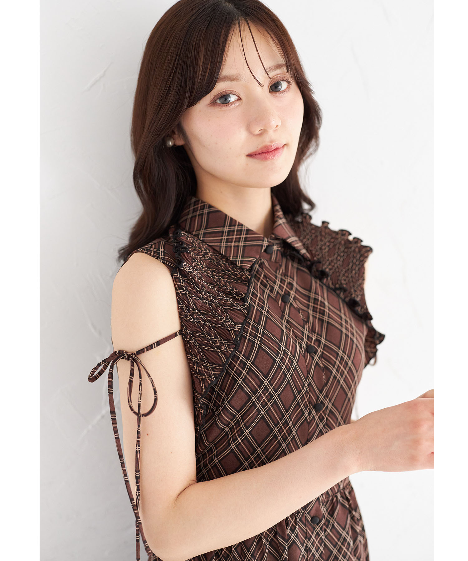 tocco closet リボン付きプリーツフリル切り替えチェック柄