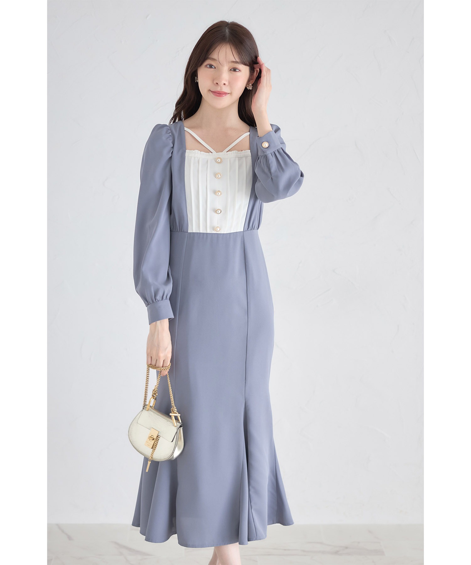 ちょん様 tocco closet パール飾り釦付きヨーク切り替え配色ワンピース