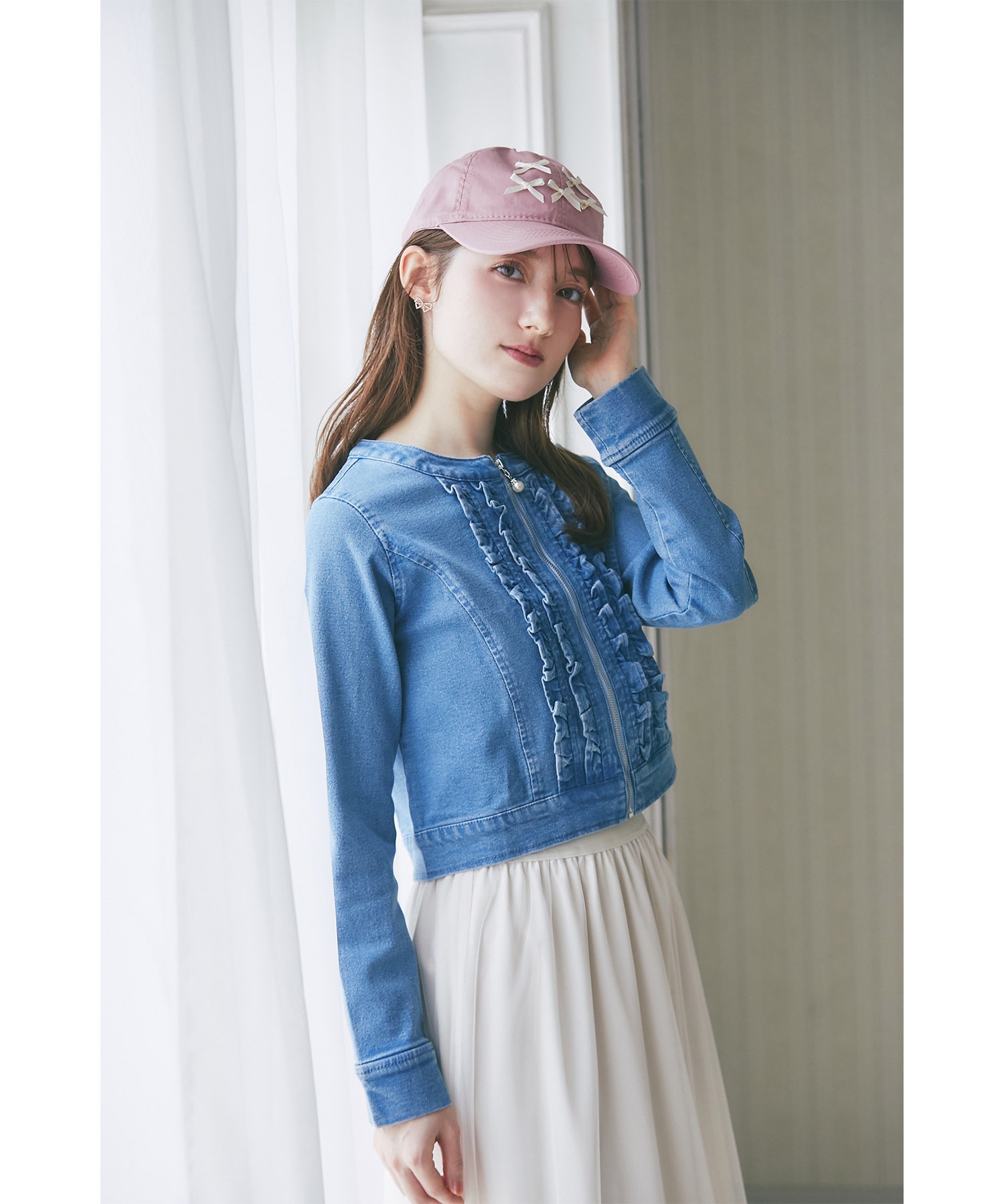 tocco closet パールチャーム付きフリルデニムジャケット