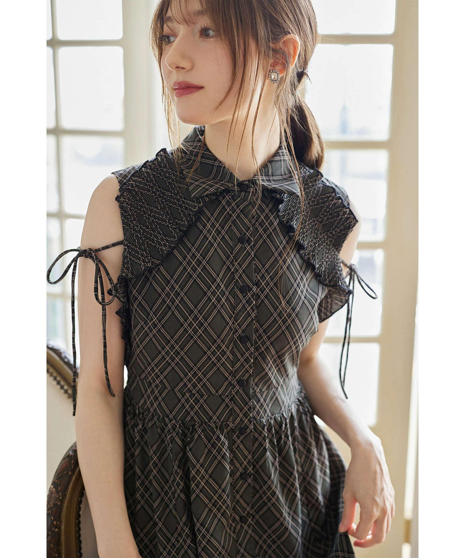 tocco closet リボン付きプリーツフリル切り替えチェック柄