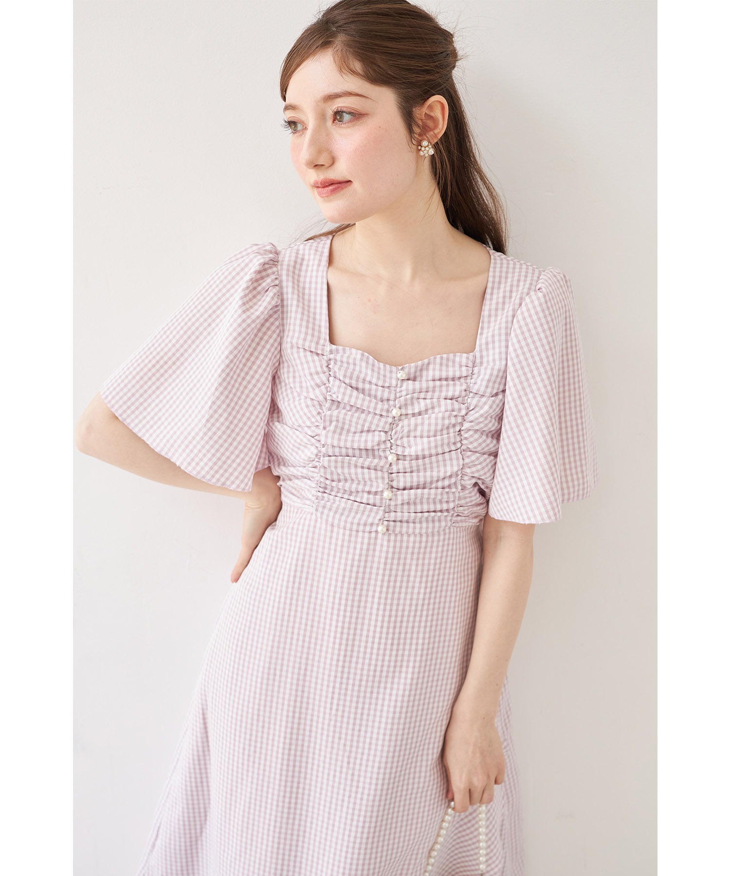 tocco closet パール付きフレアスリーブギンガムチェックアシメ tocco closet パール付きフレアスリーブギンガムチェックアシメ