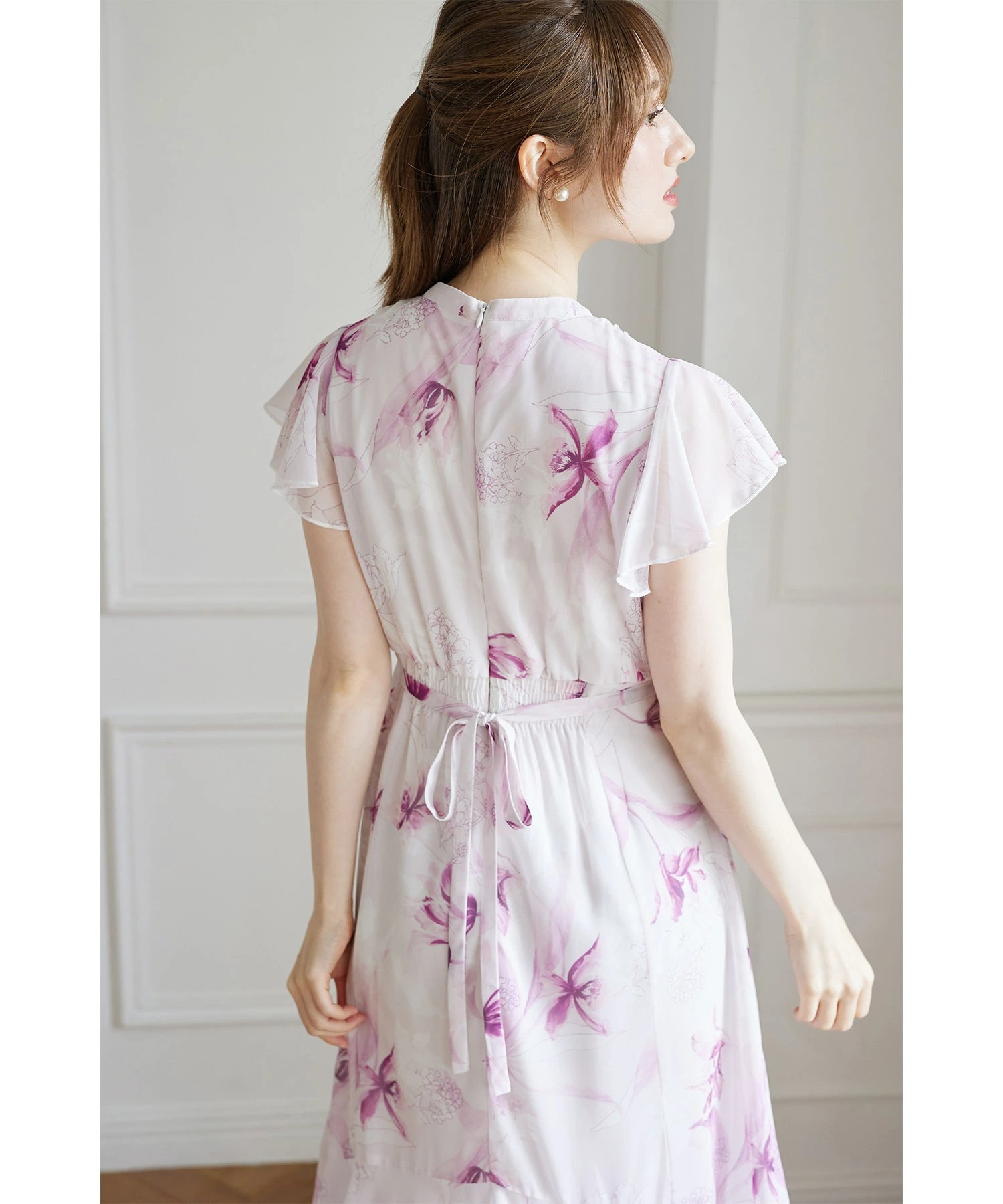 アナイ ドビーフラワープリントワンピース ウエストリボン
