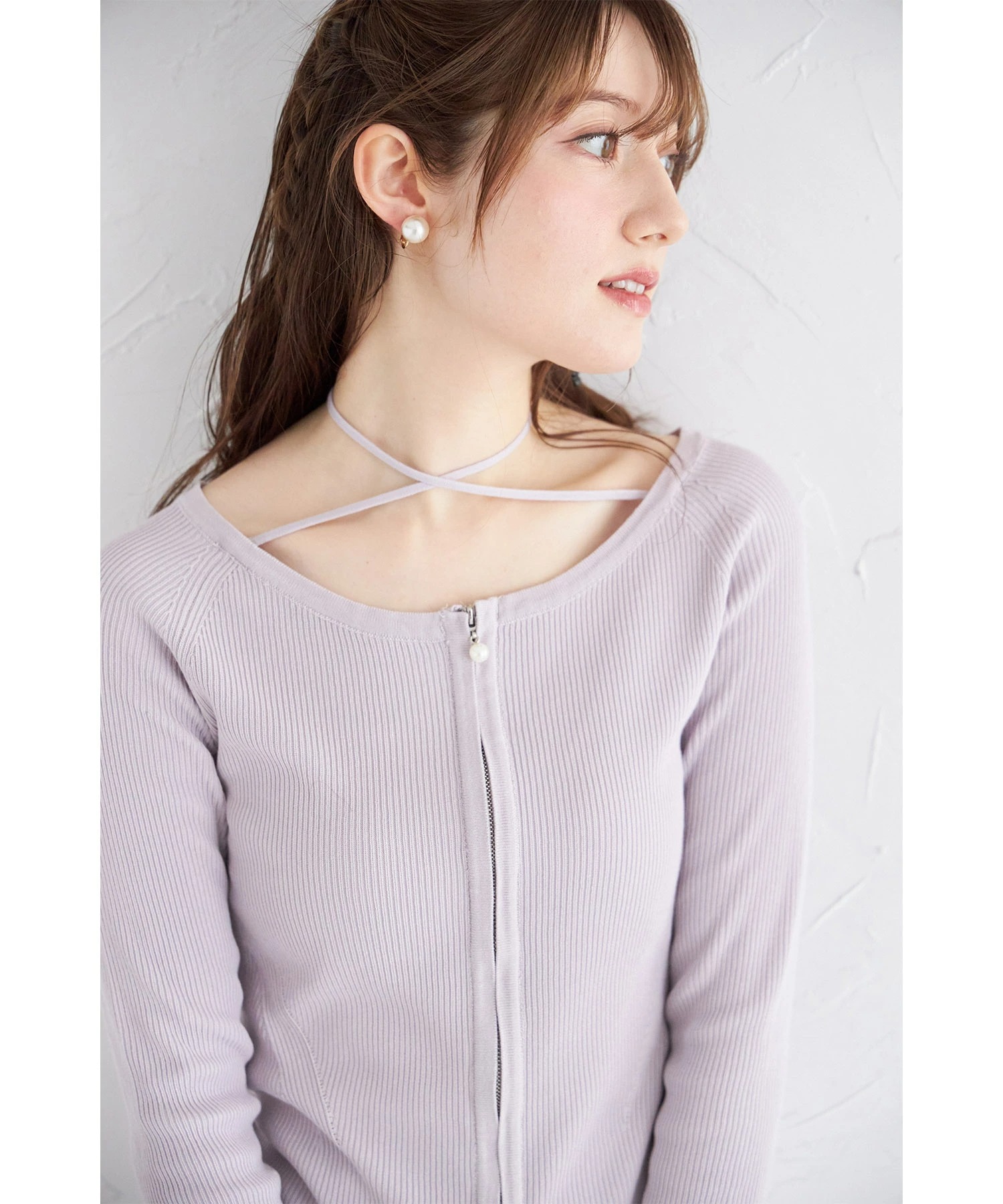 ３ＷＡＹリボン付きパールジップリブニットプルオーバー【mustia ムスティア】《tocco closet luxe》
