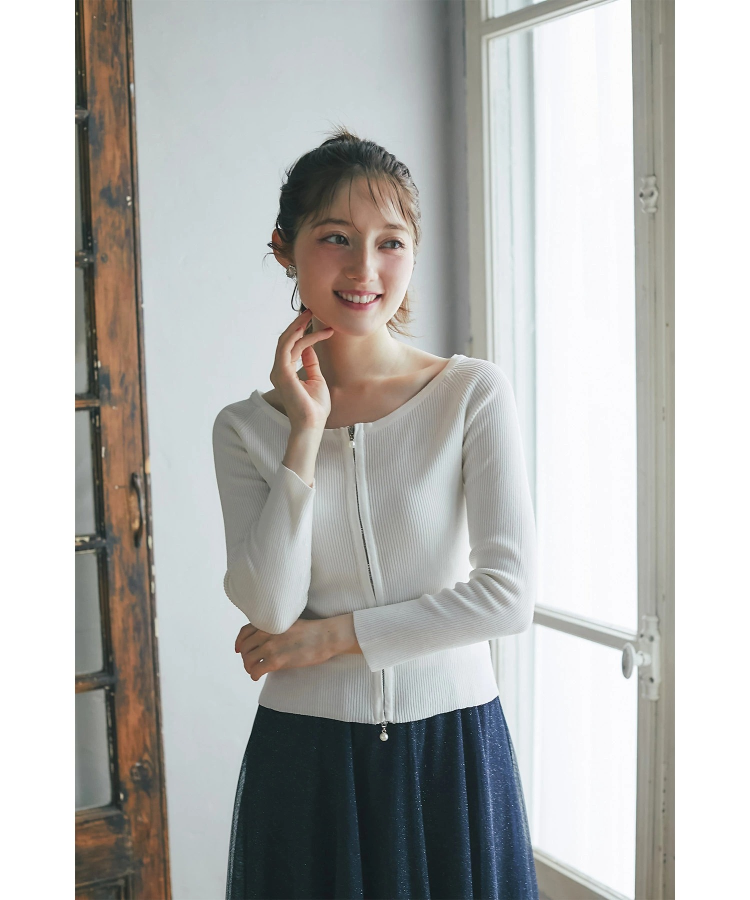 ３ＷＡＹリボン付きパールジップリブニットプルオーバー【mustia ムスティア】《tocco closet luxe》