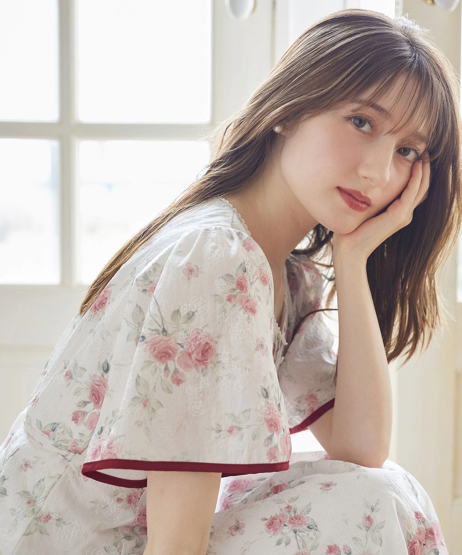 tocco closet フラワープリントパイピングフレアスリーブ