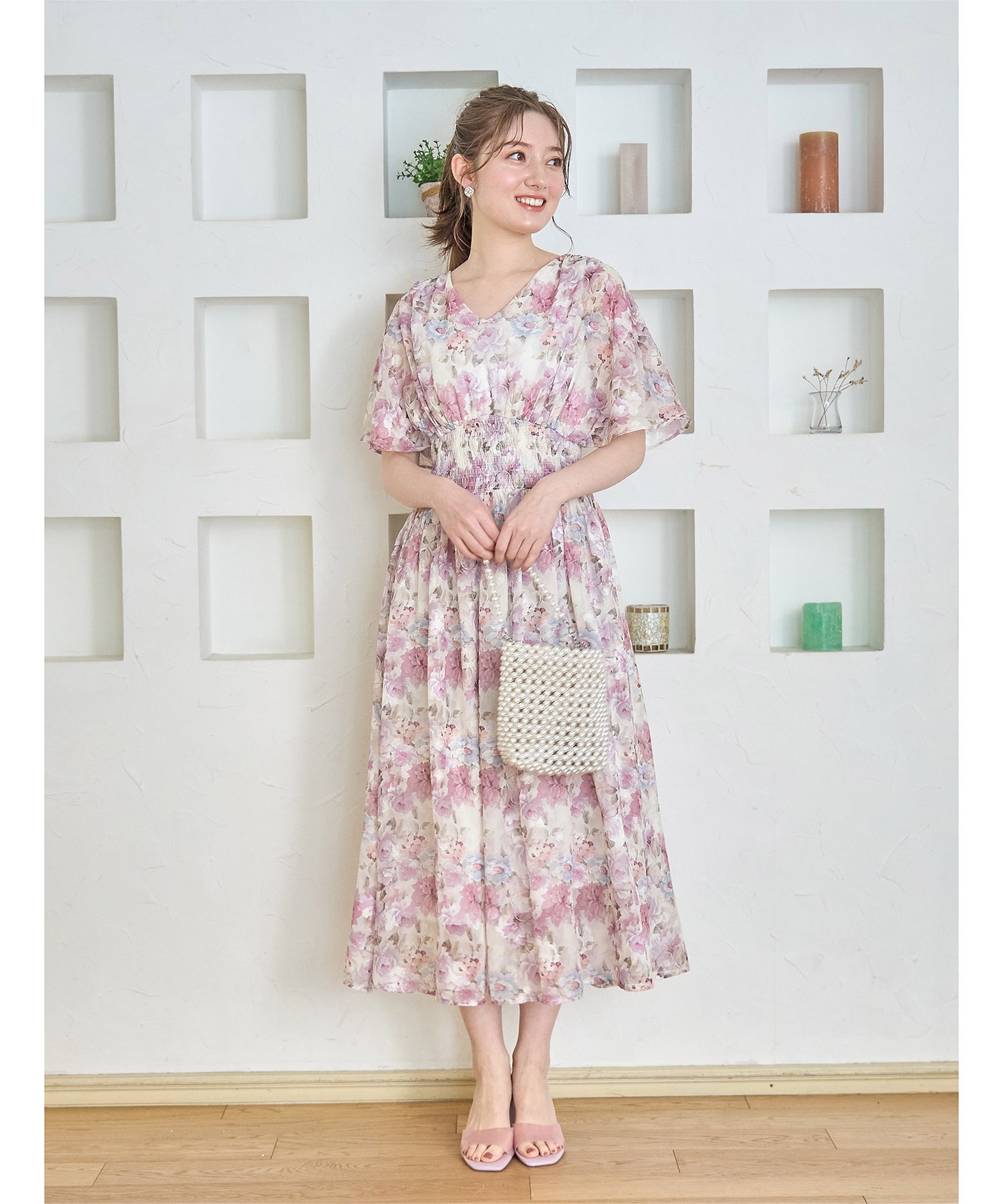 後ろリボン付きウエストシャーリングシアージャガードフラワーワンピース【trinie トリニー】≪Romantic Summer Blue≫