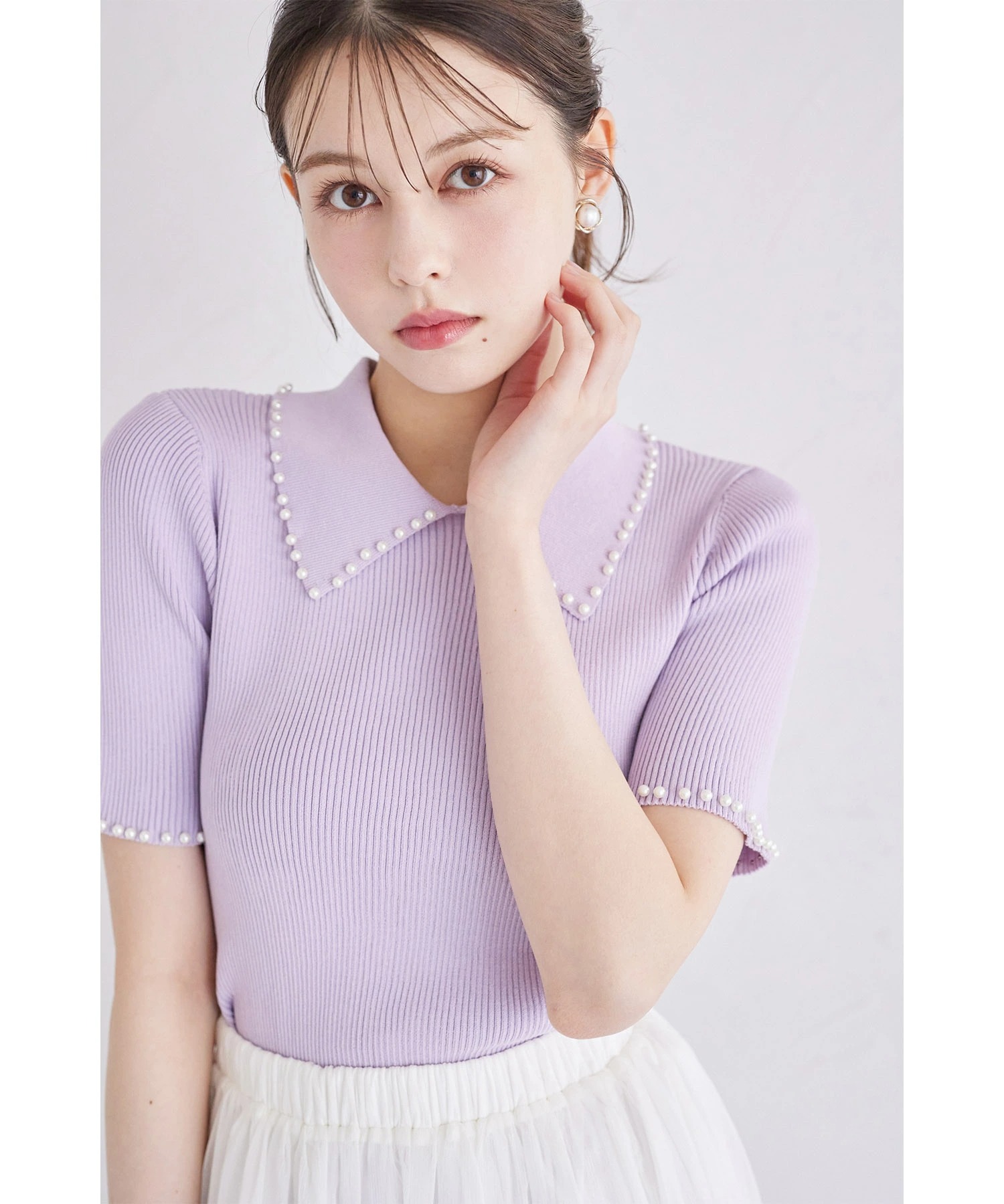 tocco closet（トッコ クローゼット） 襟付きパール装飾リブニットプル