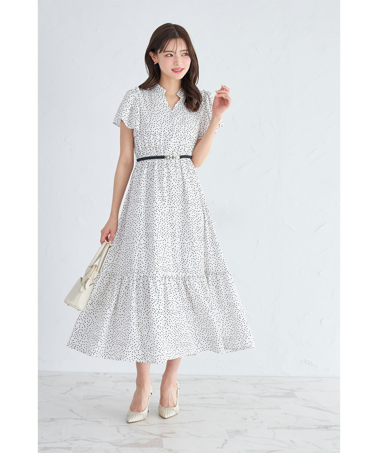 tocco closet パールビジューベルト付きドットワンピース
