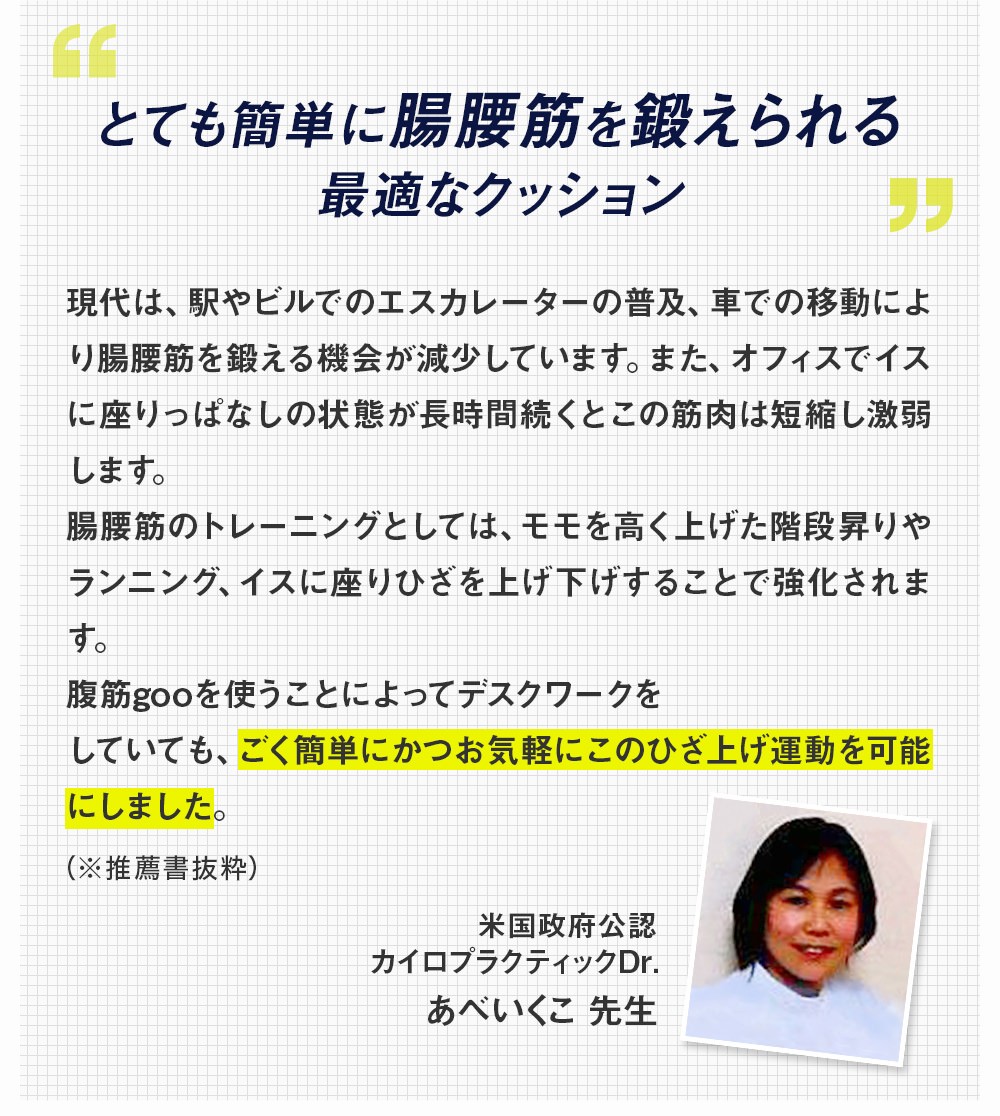「とても簡単に腸腰筋を鍛えられる最適なクッション」 米国政府公認カイロプラクティックDr. あべいくこ先生