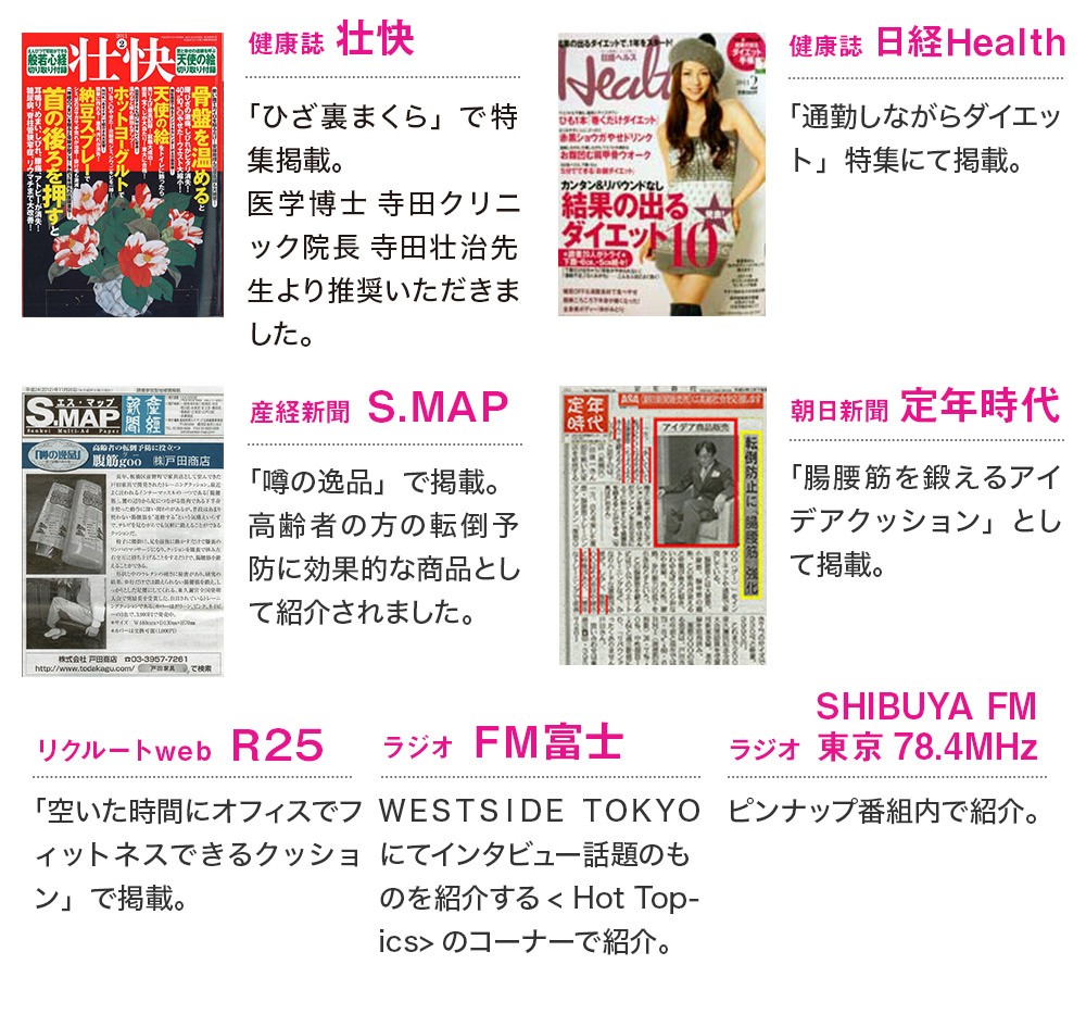 健康誌「壮快」/ 健康誌「日経ヘルス」/ 産経新聞「S.MAP」/ 朝日新聞「定年時代」/ リクルートweb「R25」 / ラジオ「FM富士」 / ラジオ「SHIBUYAFM 東京78.4MHz」