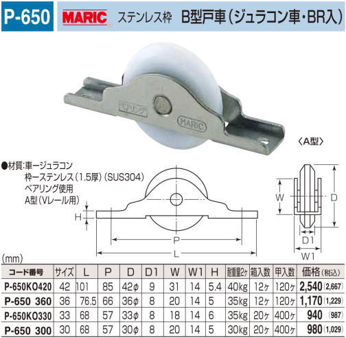 丸喜金属本社　MARIC　ステンレス枠　P-650KO330　B型戸車(ポリアセタール樹脂車・BR入)　(1箱20個入)