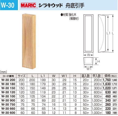 丸喜金属本社 MARIC シラキウッド 舟底引手 W-30 100 /1個