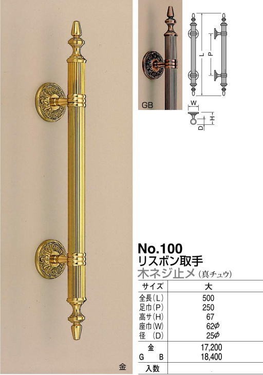 シロクマ 白熊印・ドアー取手 No.100 リスボン取手 仕上:金 :no100