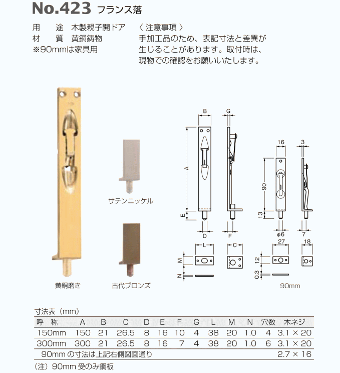 ベスト フランス落 No.423 90mm 仕上色:古代ブロンズ / 1本 (開きドア