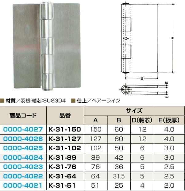 クマモト PLUS ステンレス溶接丁番 K-31-64 / 1枚入 (丁番 蝶番 旗丁番